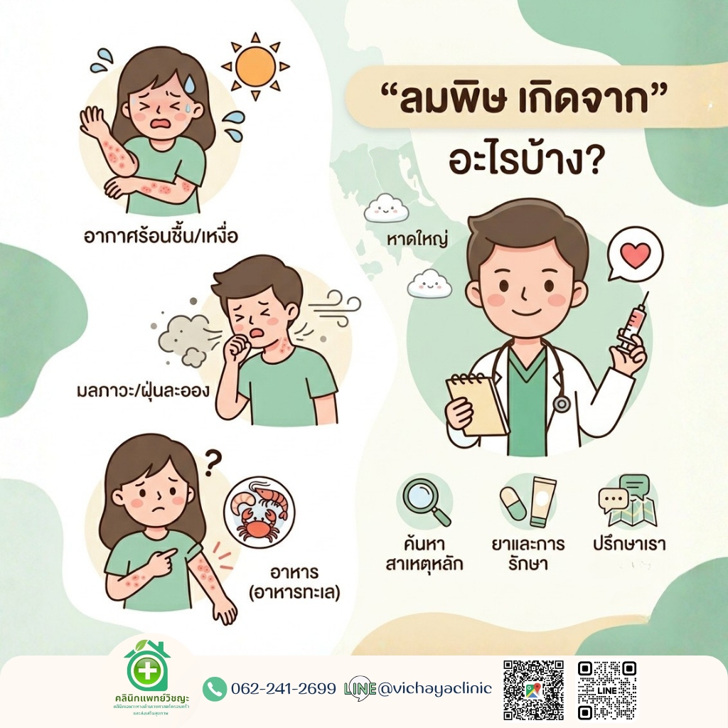 ลมพิษเกิดจากอะไร สาเหตุผื่นลมพิษ อากาศร้อน ฝุ่น อาหารทะเล ฉีดยาแก้แพ้หาดใหญ่ ยาแก้ลมพิษ คลินิกผิวหนังหาดใหญ่ คลินิกแพทย์วิชญะ สงขลา